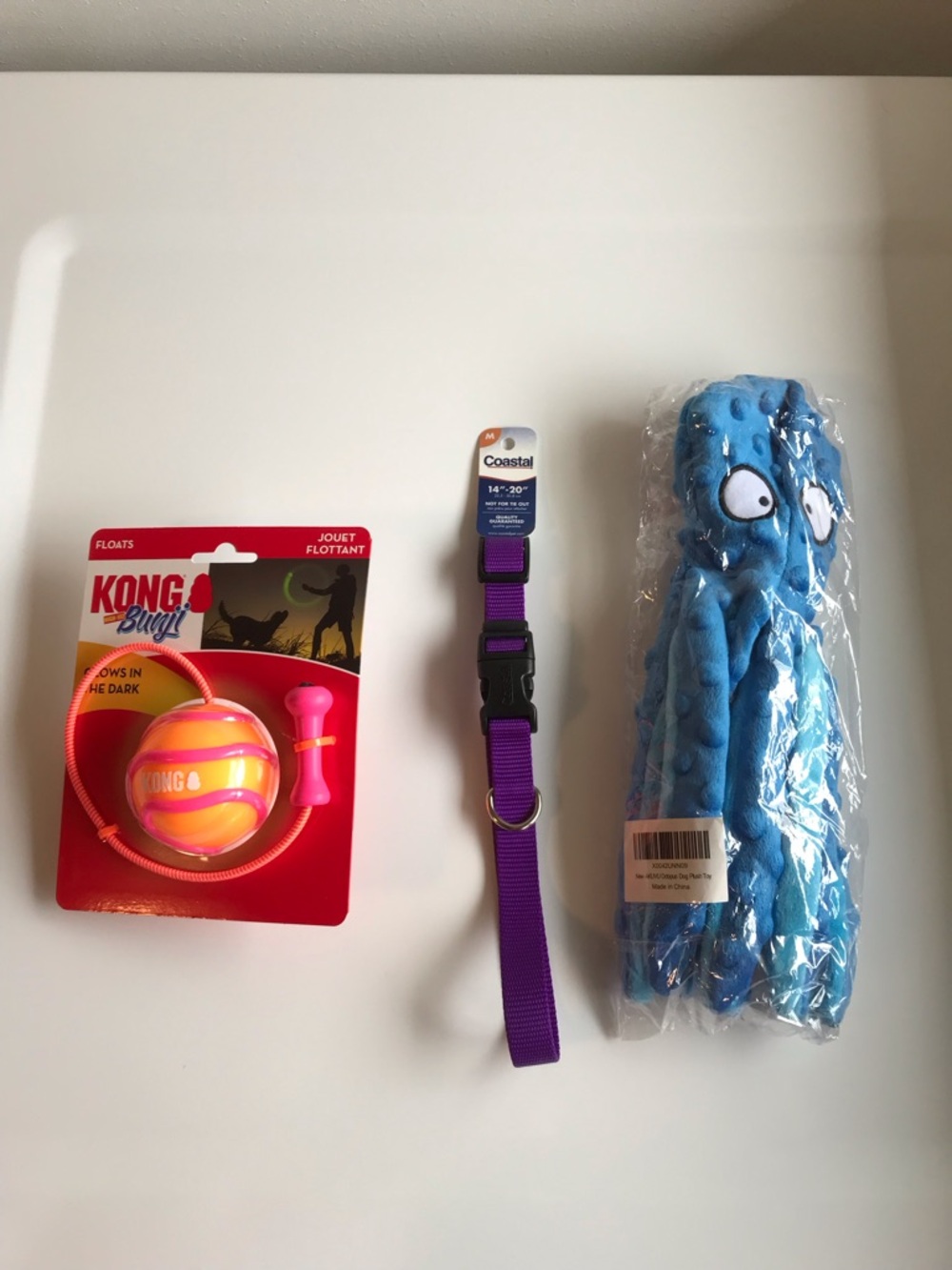 Coastal Med 14”-20” Dog Collar + Octopus Toy + Kong Glow In Dark Floating Bunji